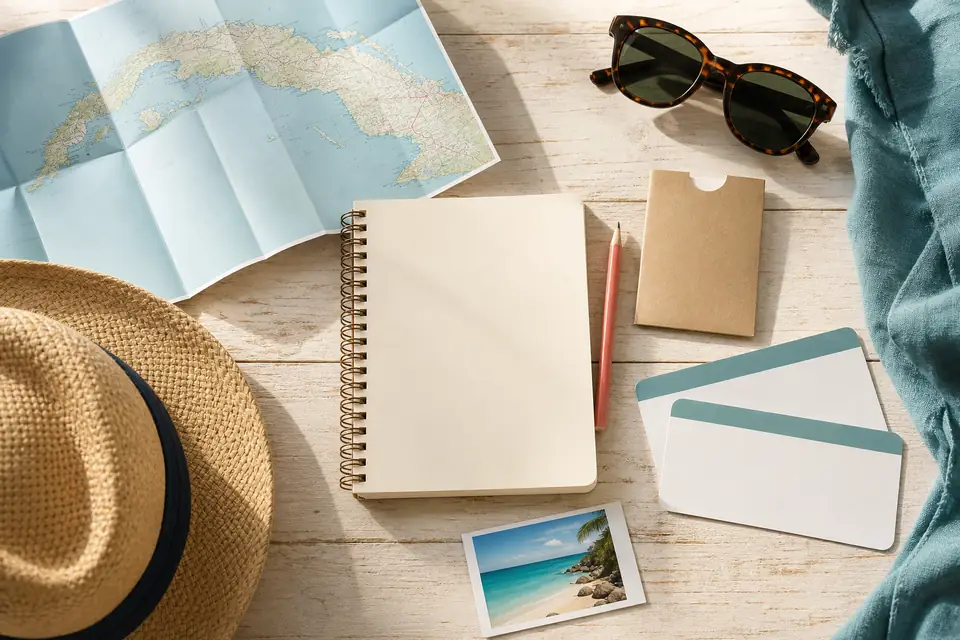 A travel-planning desk with a Cuba map, notebook, hat, sunglasses, and blank travel cards