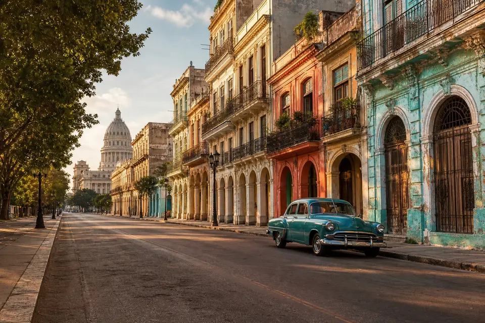 A colorful Havana street with a vintage teal car in golden light
